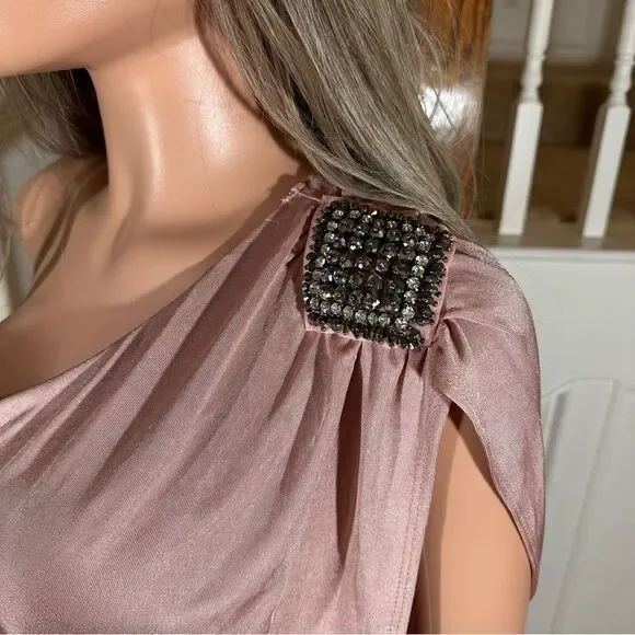 NWT rose pink satin look scrunch ruched one sleeve mini dress - Picture 6 of 13